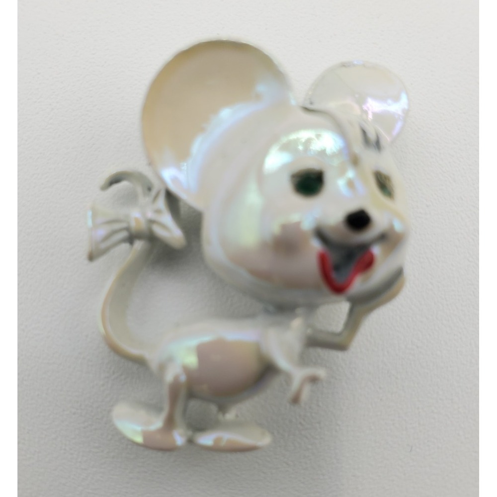 Vtg White Pearlized Enamel Happy Mouse Brooch Pin